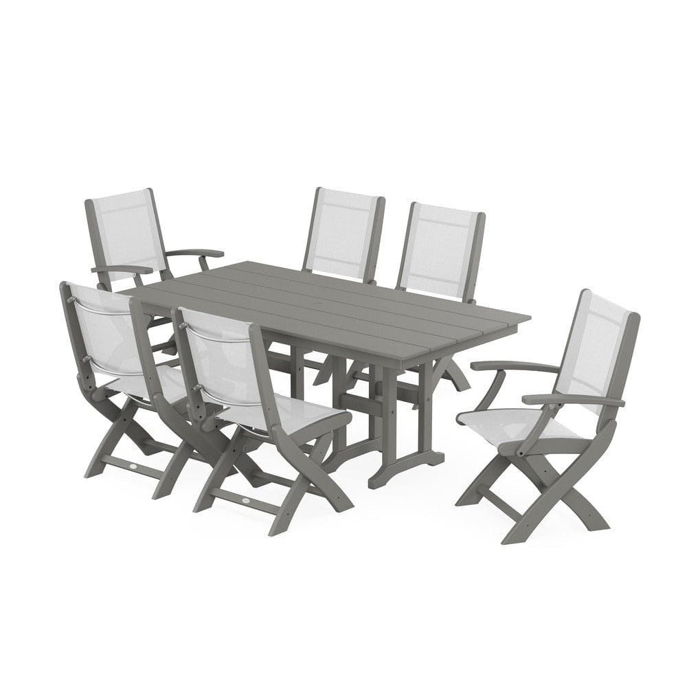 POLYWOOD® Outdoor Furniture Slate Grey / White Sling POLYWOOD® - Coastal Folding Chair 7-Piece Farmhouse Dining Set - PWS1176