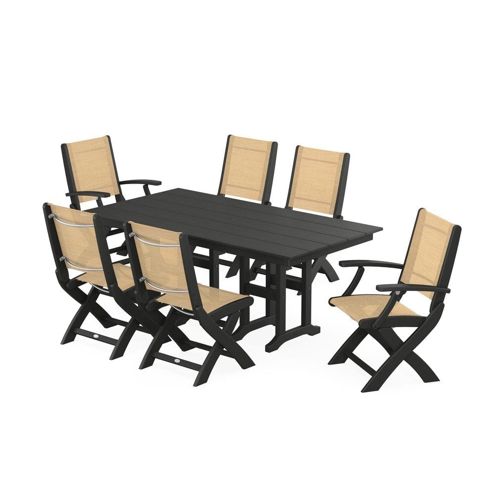 POLYWOOD® Outdoor Furniture Black / Dupioni Apricot Sling POLYWOOD® - Coastal Folding Chair 7-Piece Farmhouse Dining Set - PWS1176