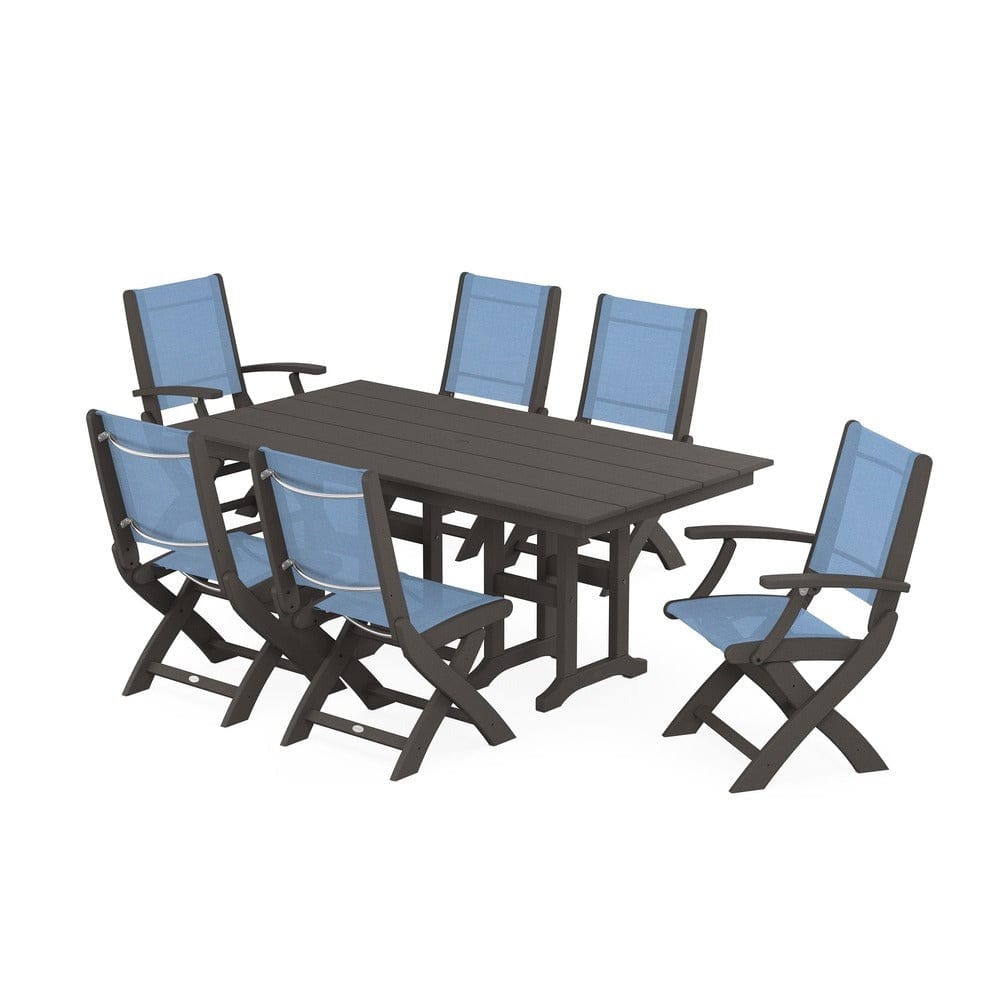 POLYWOOD® Outdoor Furniture Vintage Coffee / Poolside Sling POLYWOOD® - Coastal Folding Chair 7-Piece Farmhouse Dining Set - PWS1176