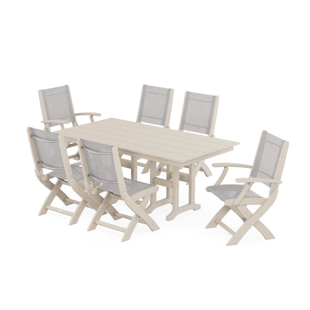 POLYWOOD® Outdoor Furniture Sand / Parchment Sling POLYWOOD® - Coastal Folding Chair 7-Piece Farmhouse Dining Set - PWS1176