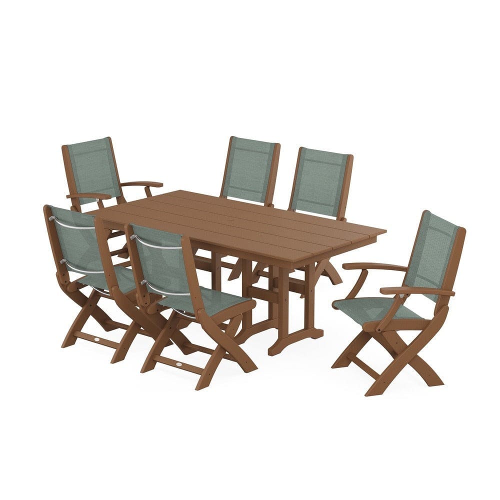 POLYWOOD® Outdoor Furniture Teak / Dupioni Sea Mist Sling POLYWOOD® - Coastal Folding Chair 7-Piece Farmhouse Dining Set - PWS1176