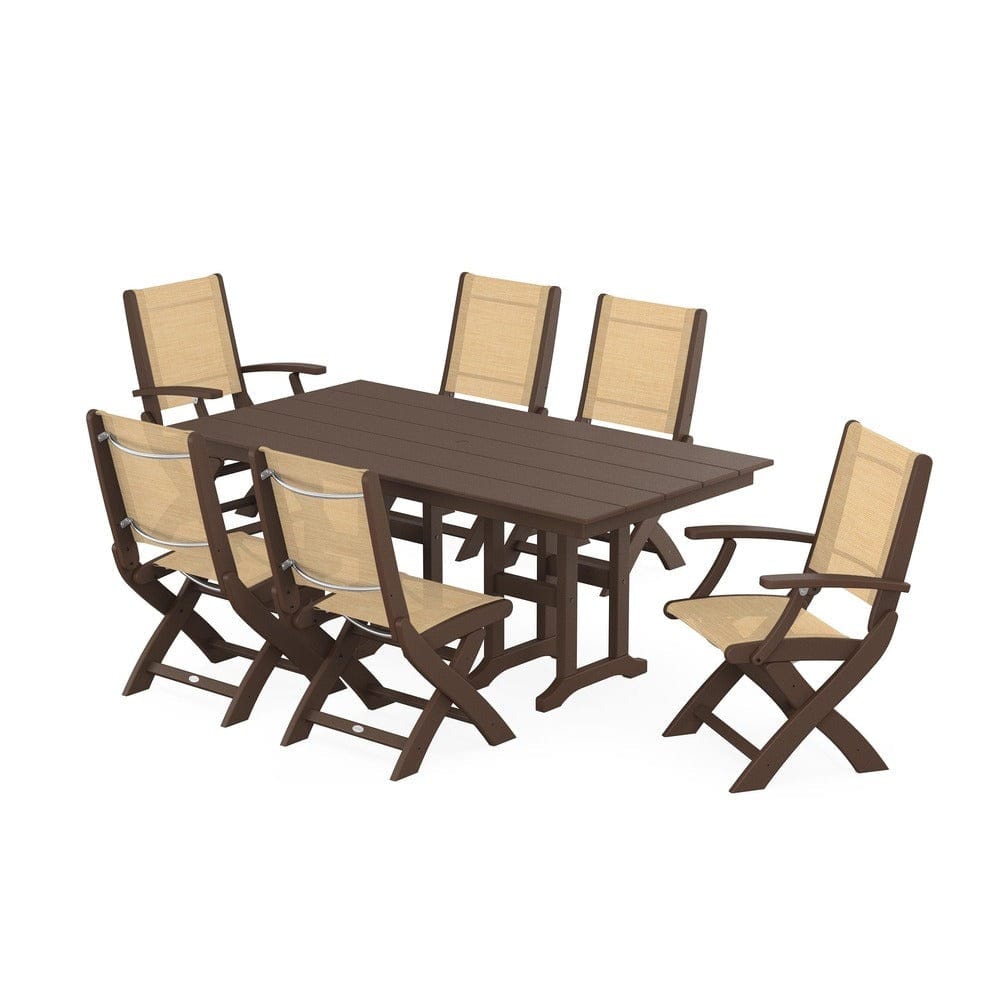POLYWOOD® Outdoor Furniture Mahogany / Dupioni Apricot Sling POLYWOOD® - Coastal Folding Chair 7-Piece Farmhouse Dining Set - PWS1176