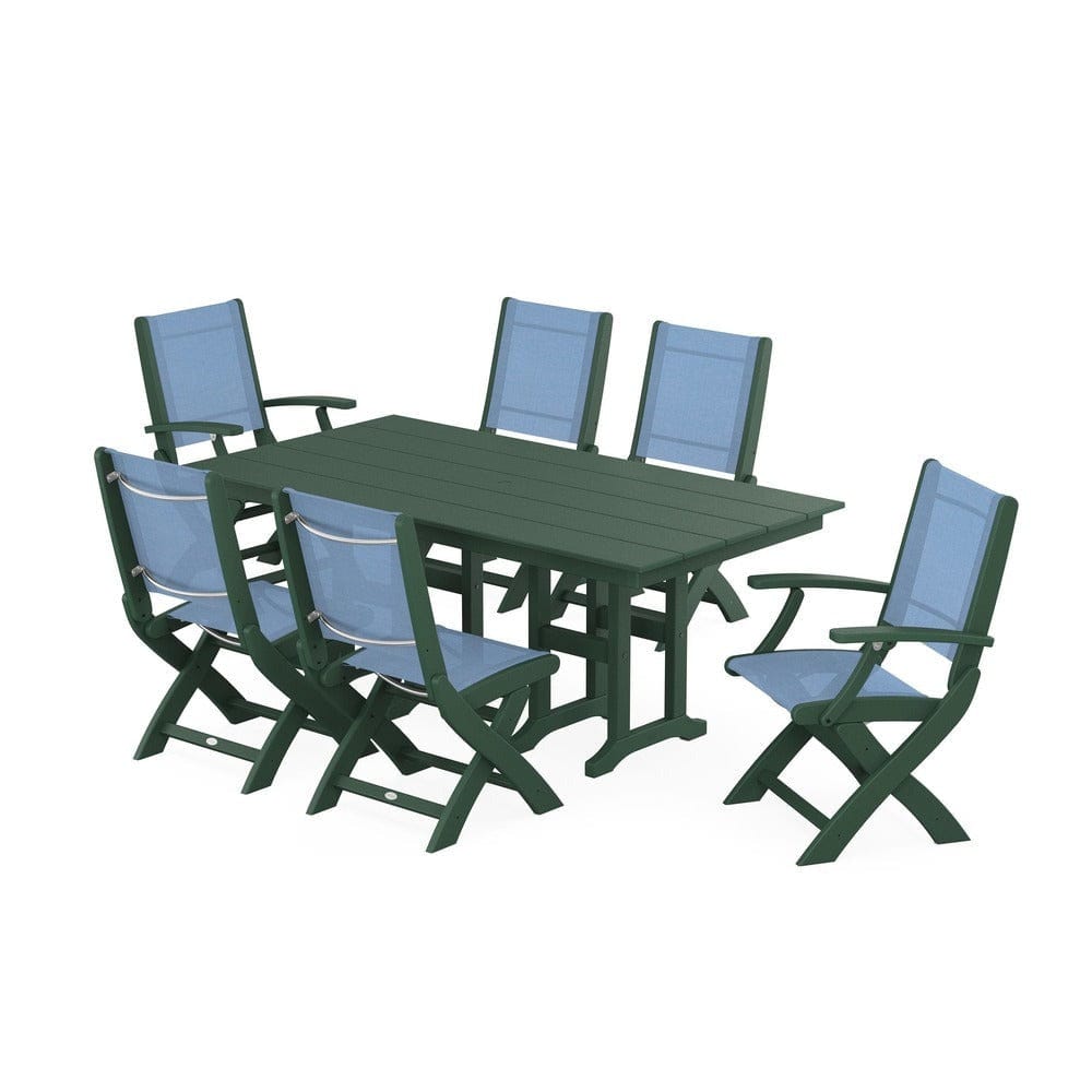 POLYWOOD® Outdoor Furniture Green / Poolside Sling POLYWOOD® - Coastal Folding Chair 7-Piece Farmhouse Dining Set - PWS1176