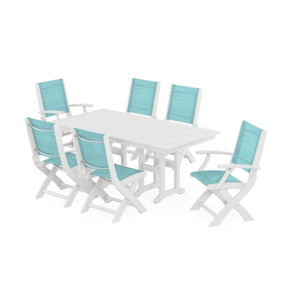 POLYWOOD® Outdoor Furniture White / Dupioni Aquamarine Sling POLYWOOD® - Coastal Folding Chair 7-Piece Farmhouse Dining Set - PWS1176