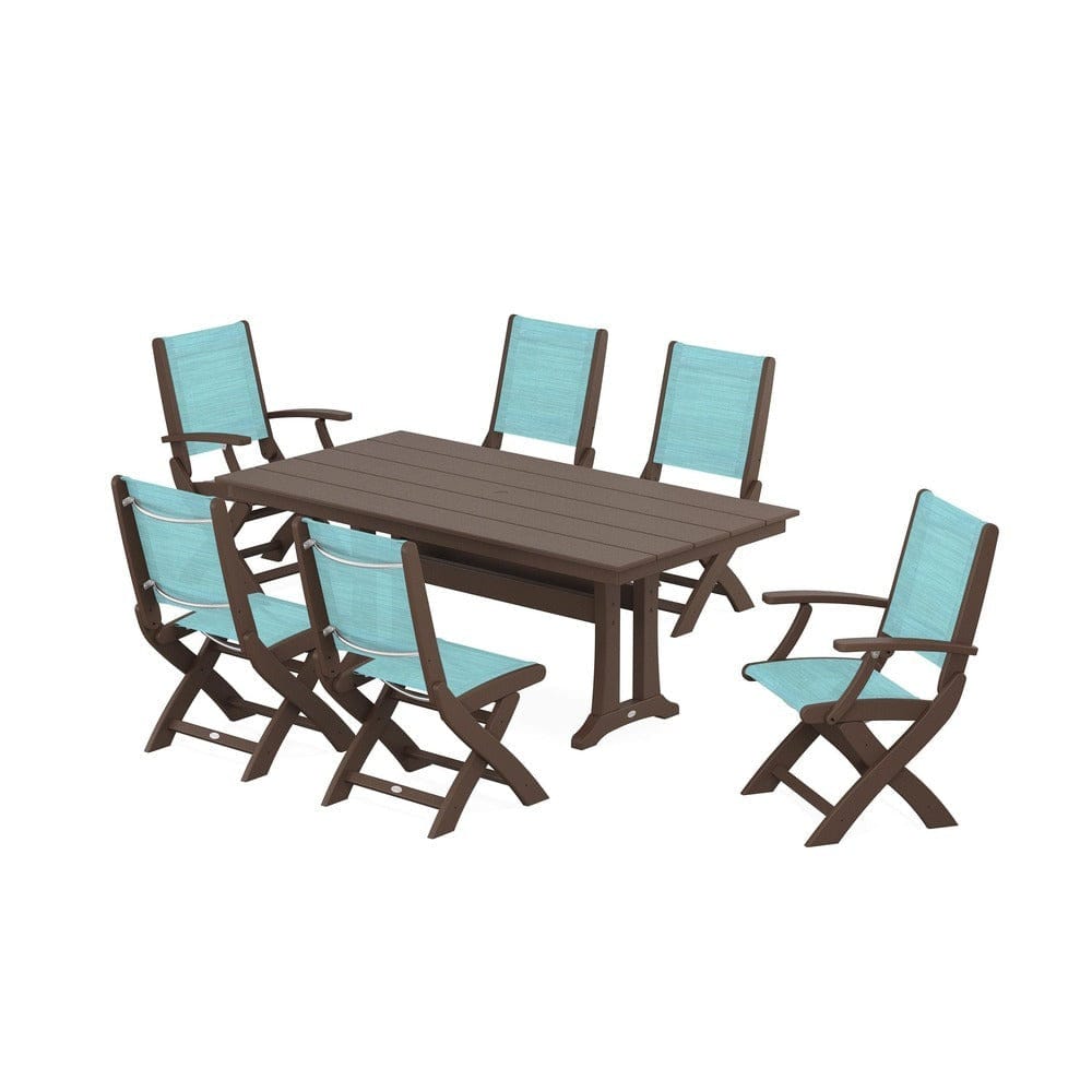 POLYWOOD® Outdoor Furniture Mahogany / Dupioni Aquamarine Sling POLYWOOD® - Coastal Folding Chair 7-Piece Farmhouse Dining Set with Trestle Legs - PWS1001