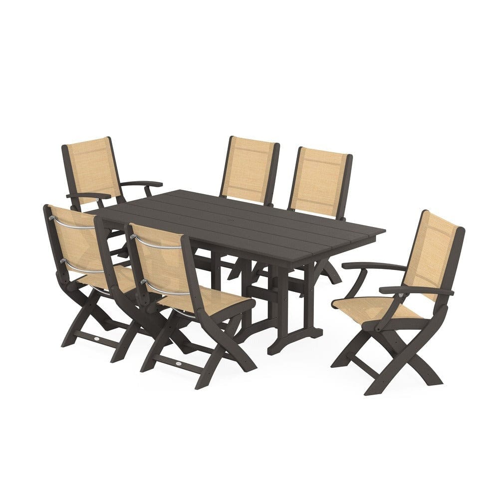 POLYWOOD® Outdoor Furniture Vintage Coffee / Dupioni Apricot Sling POLYWOOD® - Coastal Folding Chair 7-Piece Farmhouse Dining Set - PWS1176