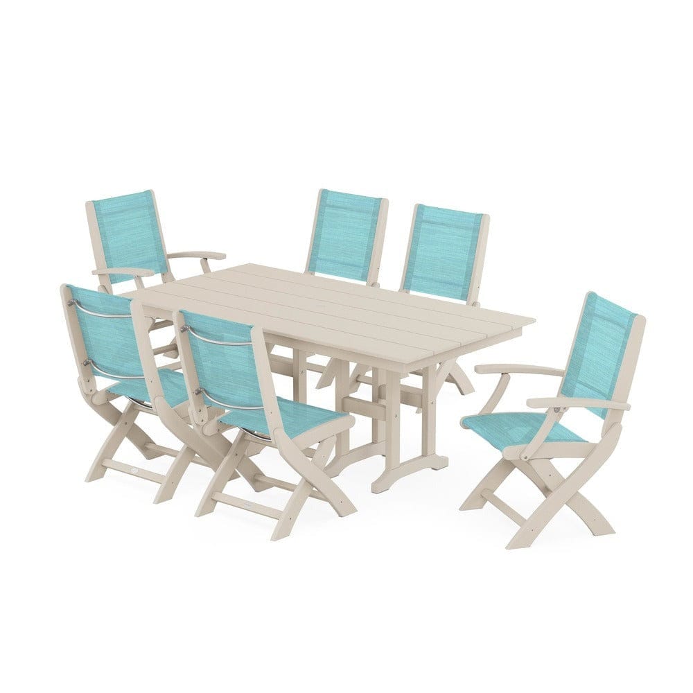 POLYWOOD® Outdoor Furniture Sand / Dupioni Aquamarine Sling POLYWOOD® - Coastal Folding Chair 7-Piece Farmhouse Dining Set - PWS1176