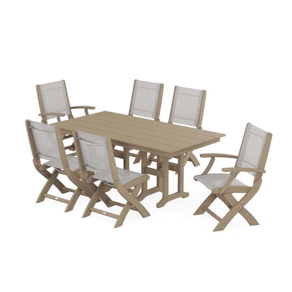 POLYWOOD® Outdoor Furniture Vintage Sahara / Parchment Sling POLYWOOD® - Coastal Folding Chair 7-Piece Farmhouse Dining Set - PWS1176