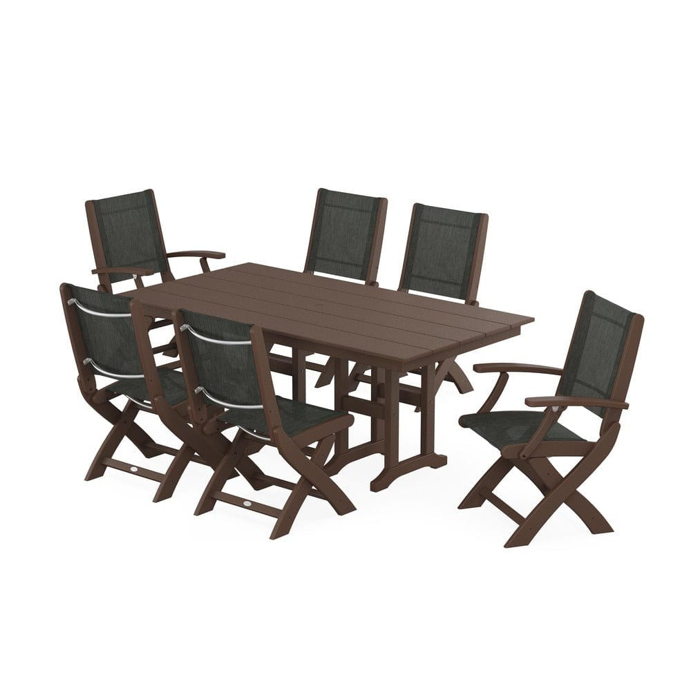 POLYWOOD® Outdoor Furniture Mahogany / Ember Sling POLYWOOD® - Coastal Folding Chair 7-Piece Farmhouse Dining Set - PWS1176