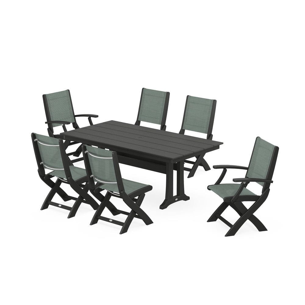 POLYWOOD® Outdoor Furniture Black / Dupioni Sea Mist Sling POLYWOOD® - Coastal Folding Chair 7-Piece Farmhouse Dining Set with Trestle Legs - PWS1001