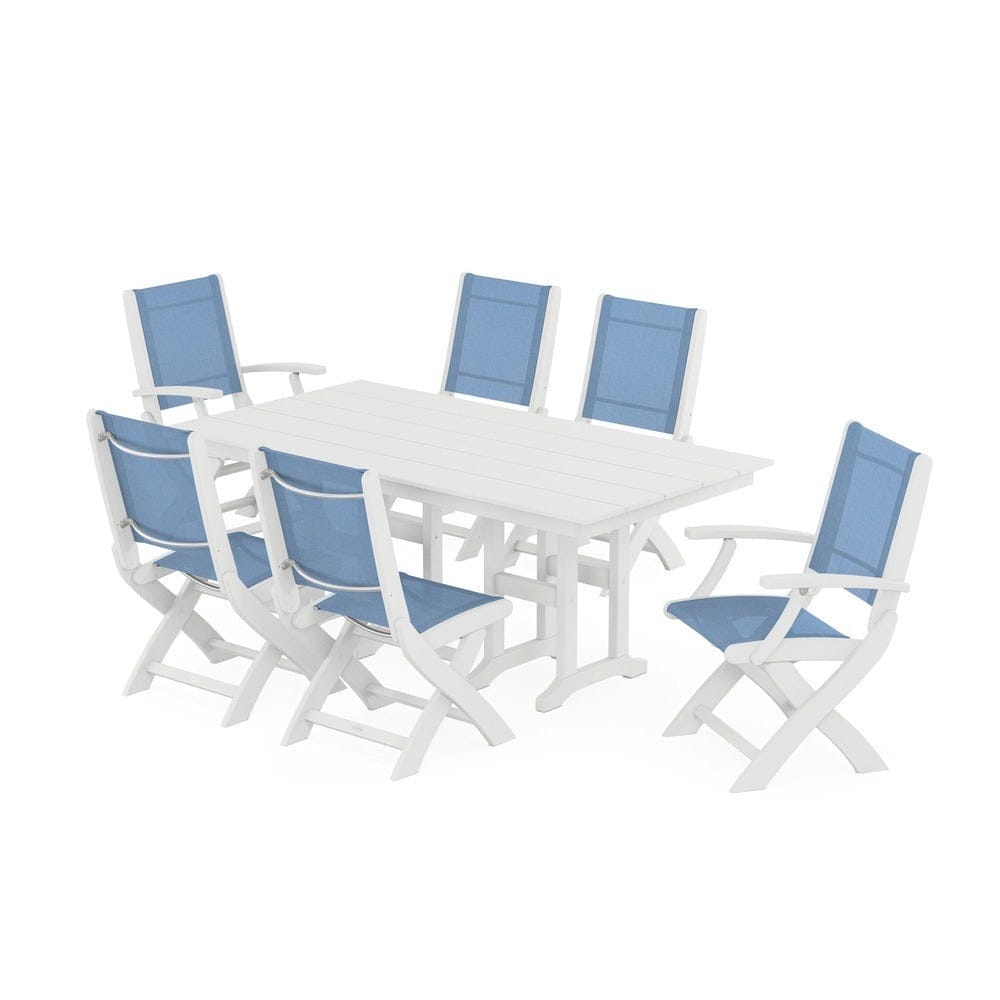 POLYWOOD® Outdoor Furniture White / Poolside Sling POLYWOOD® - Coastal Folding Chair 7-Piece Farmhouse Dining Set - PWS1176