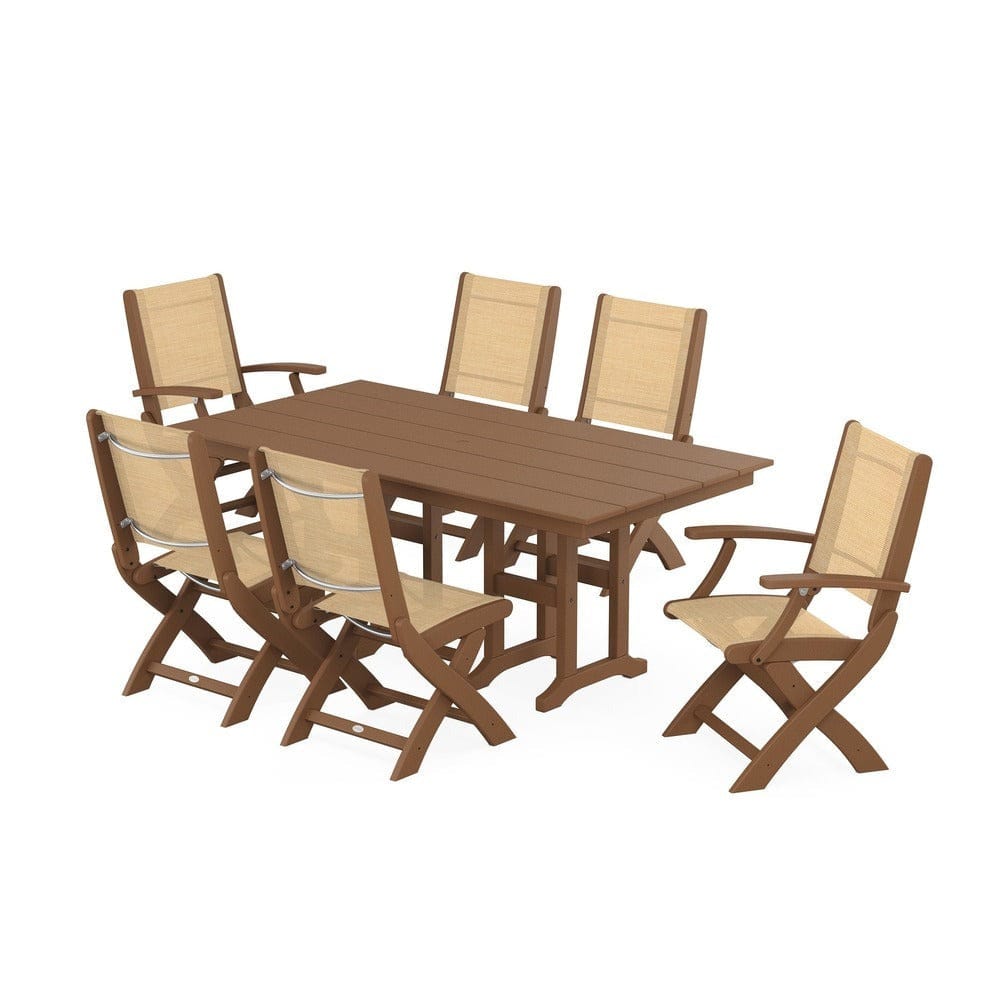 POLYWOOD® Outdoor Furniture Teak / Dupioni Apricot Sling POLYWOOD® - Coastal Folding Chair 7-Piece Farmhouse Dining Set - PWS1176