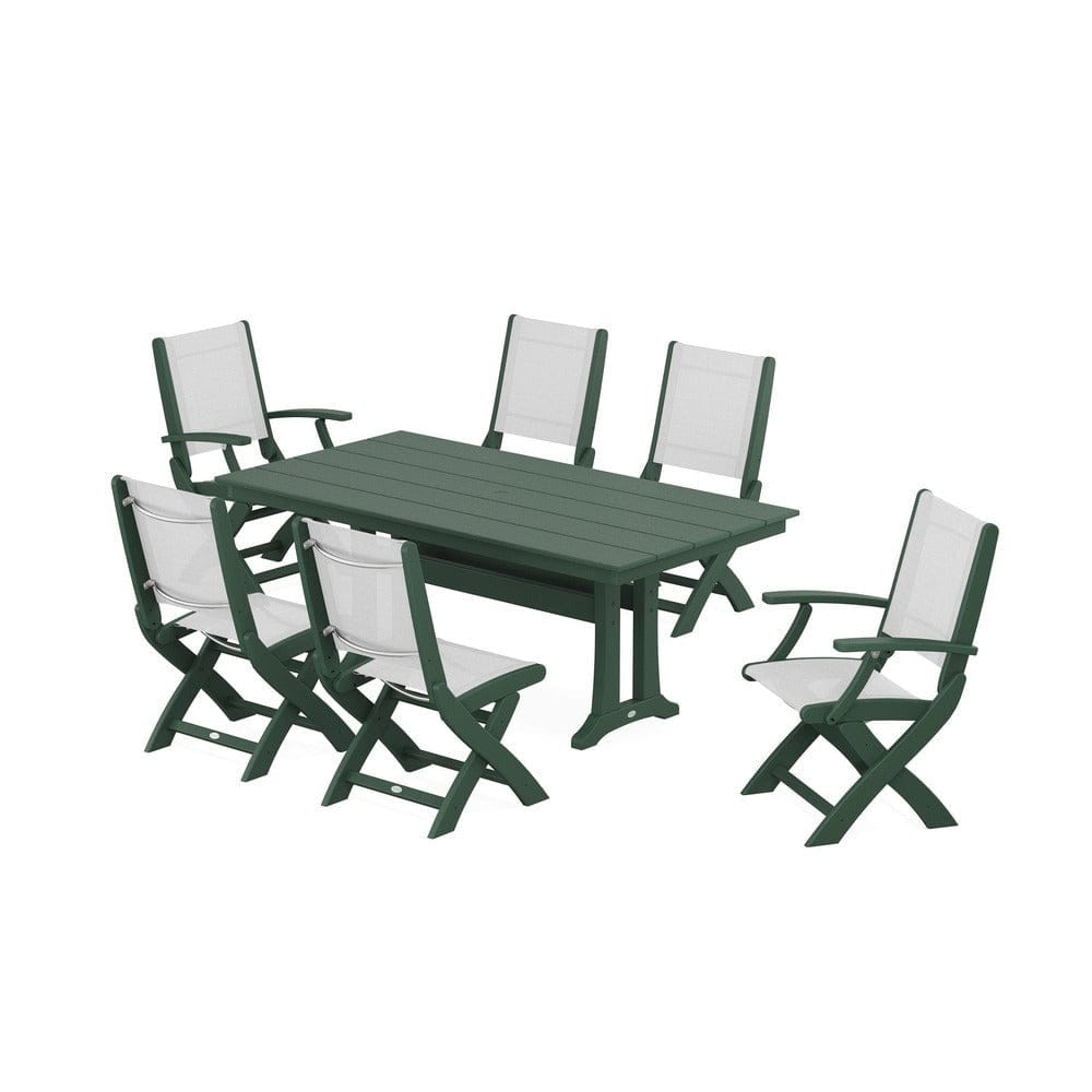 POLYWOOD® Outdoor Furniture Green / White Sling POLYWOOD® - Coastal Folding Chair 7-Piece Farmhouse Dining Set with Trestle Legs - PWS1001