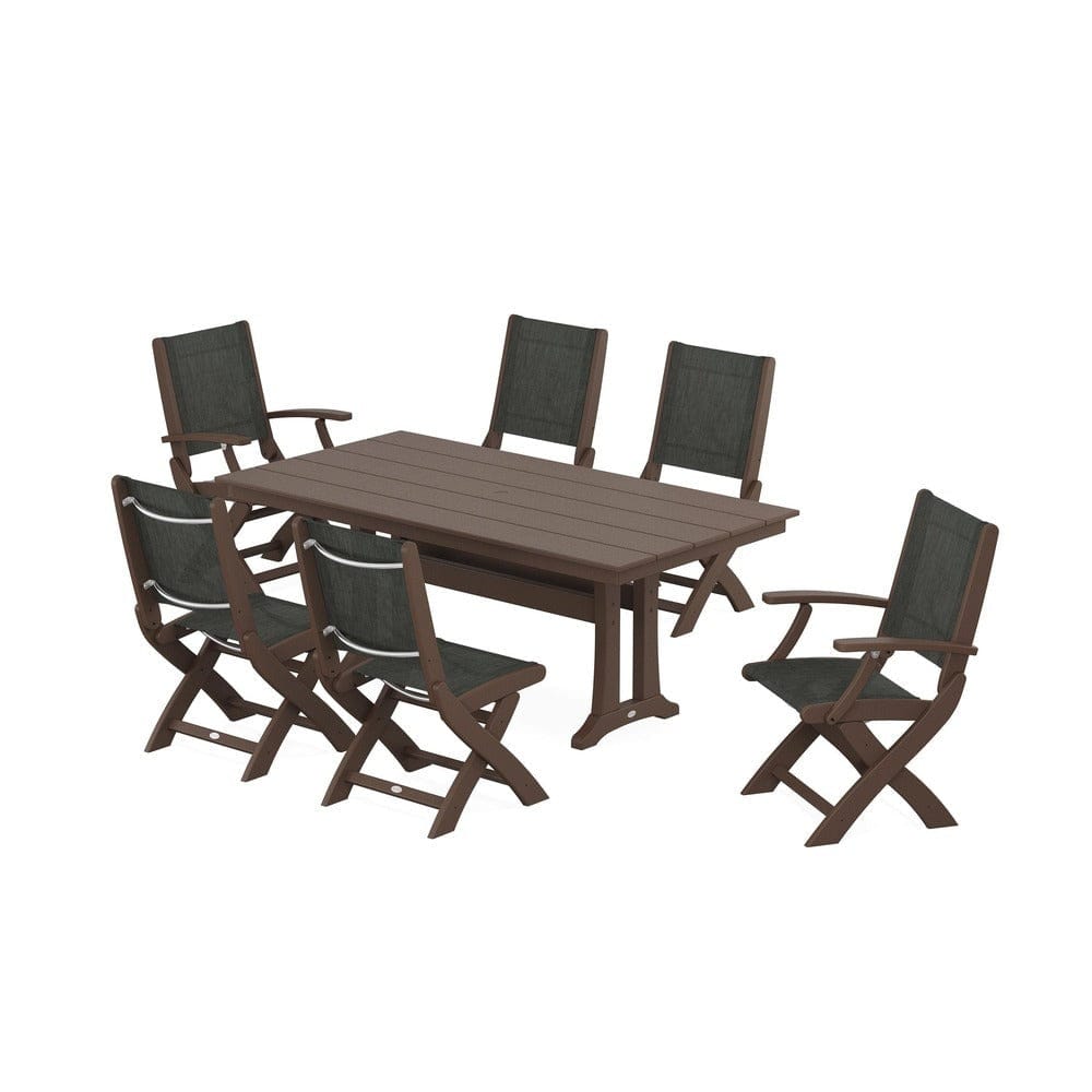 POLYWOOD® Outdoor Furniture POLYWOOD® - Coastal Folding Chair 7-Piece Farmhouse Dining Set with Trestle Legs - PWS1001
