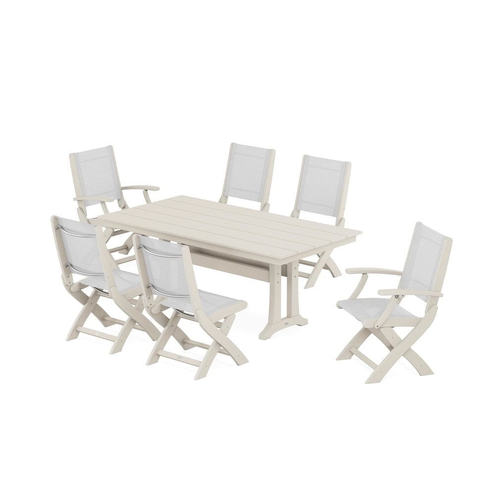 POLYWOOD® Outdoor Furniture Sand / White Sling POLYWOOD® - Coastal Folding Chair 7-Piece Farmhouse Dining Set with Trestle Legs - PWS1001