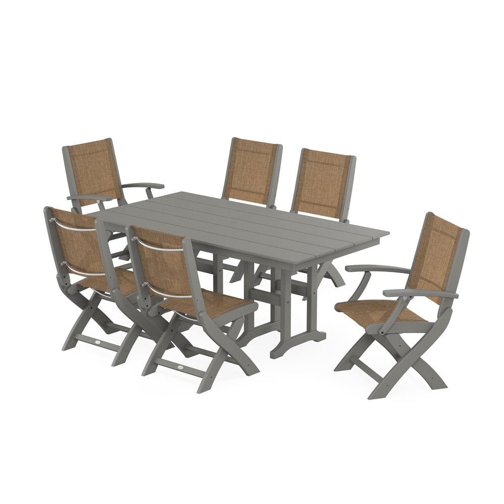 POLYWOOD® Outdoor Furniture Slate Grey / Burlap Sling POLYWOOD® - Coastal Folding Chair 7-Piece Farmhouse Dining Set - PWS1176