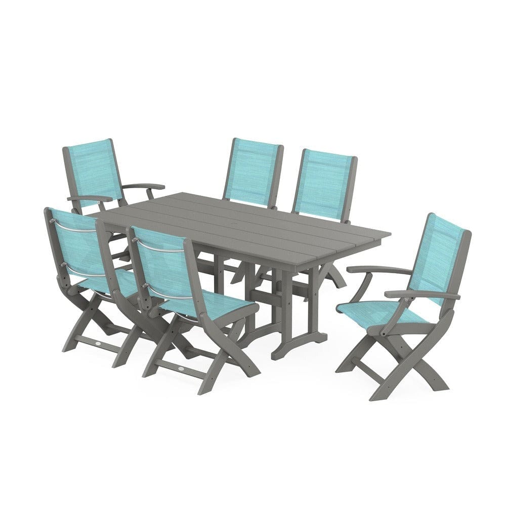 POLYWOOD® Outdoor Furniture Slate Grey / Dupioni Aquamarine Sling POLYWOOD® - Coastal Folding Chair 7-Piece Farmhouse Dining Set - PWS1176