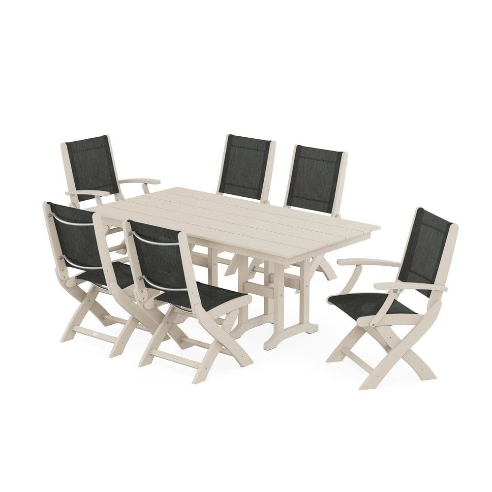 POLYWOOD® Outdoor Furniture Sand / Ember Sling POLYWOOD® - Coastal Folding Chair 7-Piece Farmhouse Dining Set - PWS1176