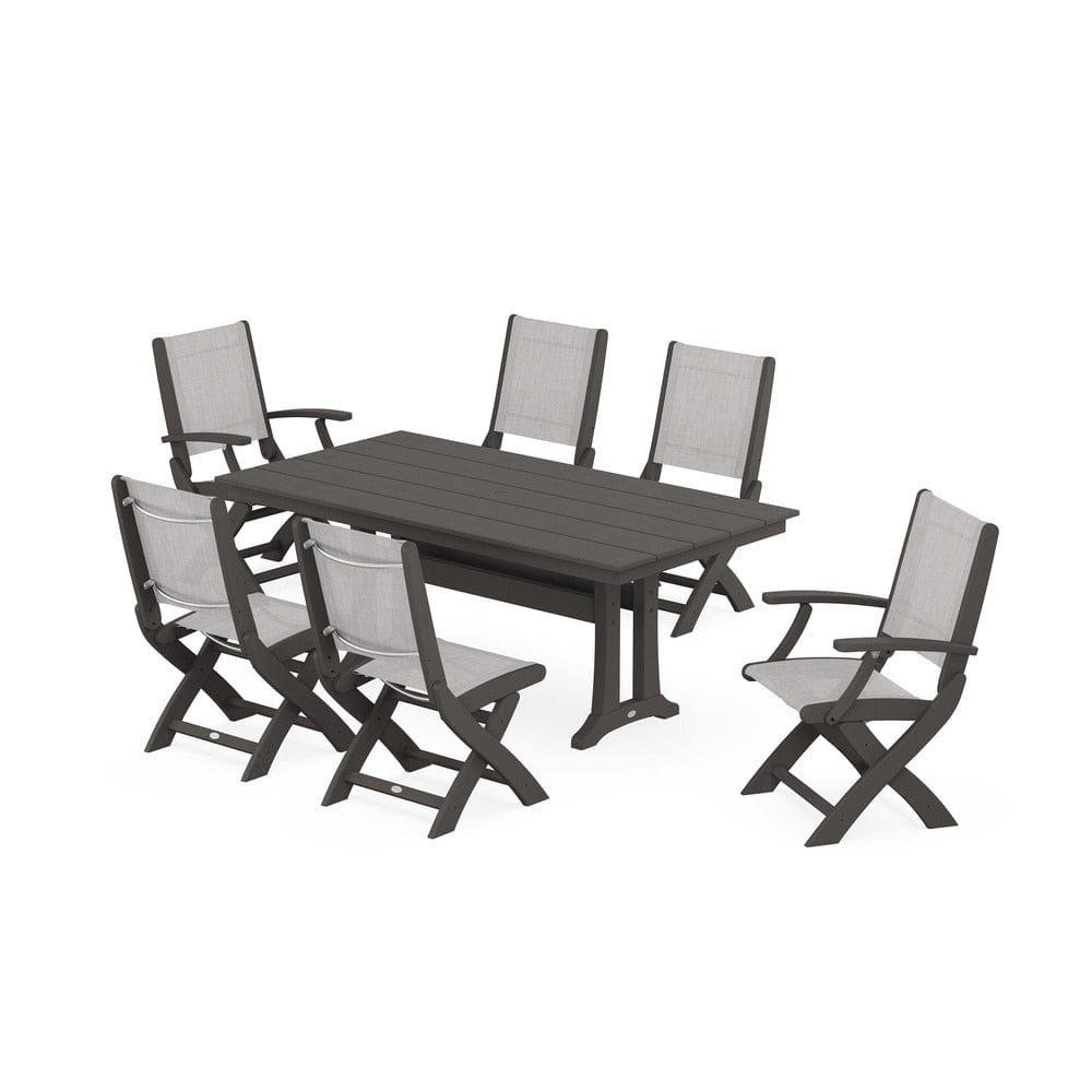 POLYWOOD® Outdoor Furniture Vintage Coffee / Parchment Sling POLYWOOD® - Coastal Folding Chair 7-Piece Farmhouse Dining Set with Trestle Legs - PWS1001