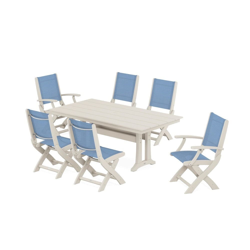 POLYWOOD® - Coastal Folding Chair 7-Piece Farmhouse Dining Set with Trestle Legs - PWS1001