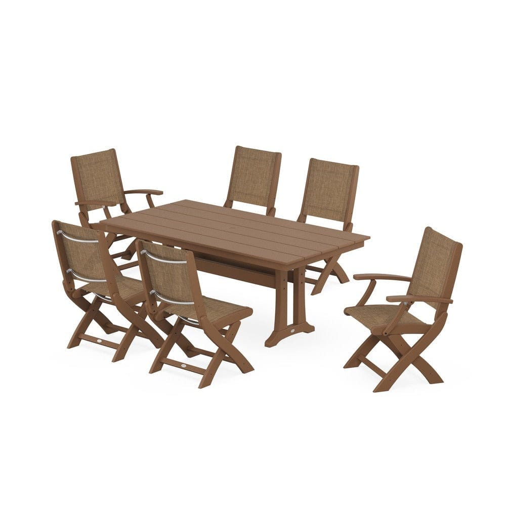 POLYWOOD® Outdoor Furniture Teak / Burlap Sling POLYWOOD® - Coastal Folding Chair 7-Piece Farmhouse Dining Set with Trestle Legs - PWS1001