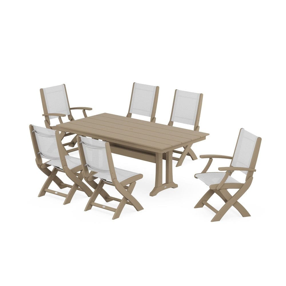POLYWOOD® Outdoor Furniture Vintage Sahara / White Sling POLYWOOD® - Coastal Folding Chair 7-Piece Farmhouse Dining Set with Trestle Legs - PWS1001
