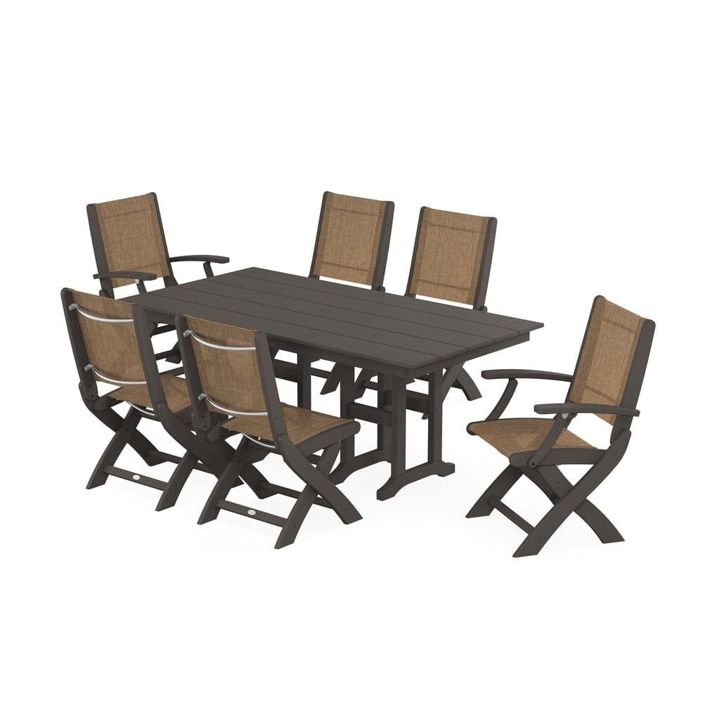 POLYWOOD® Outdoor Furniture Vintage Coffee / Burlap Sling POLYWOOD® - Coastal Folding Chair 7-Piece Farmhouse Dining Set - PWS1176