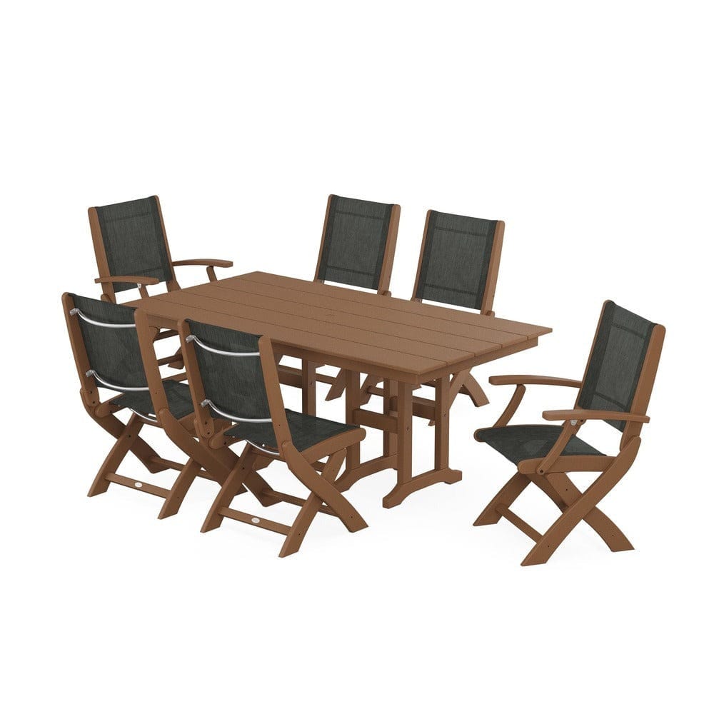 POLYWOOD® Outdoor Furniture Teak / Ember Sling POLYWOOD® - Coastal Folding Chair 7-Piece Farmhouse Dining Set - PWS1176