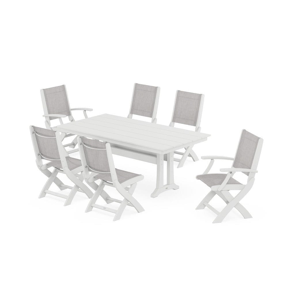POLYWOOD® Outdoor Furniture White / Parchment Sling POLYWOOD® - Coastal Folding Chair 7-Piece Farmhouse Dining Set with Trestle Legs - PWS1001