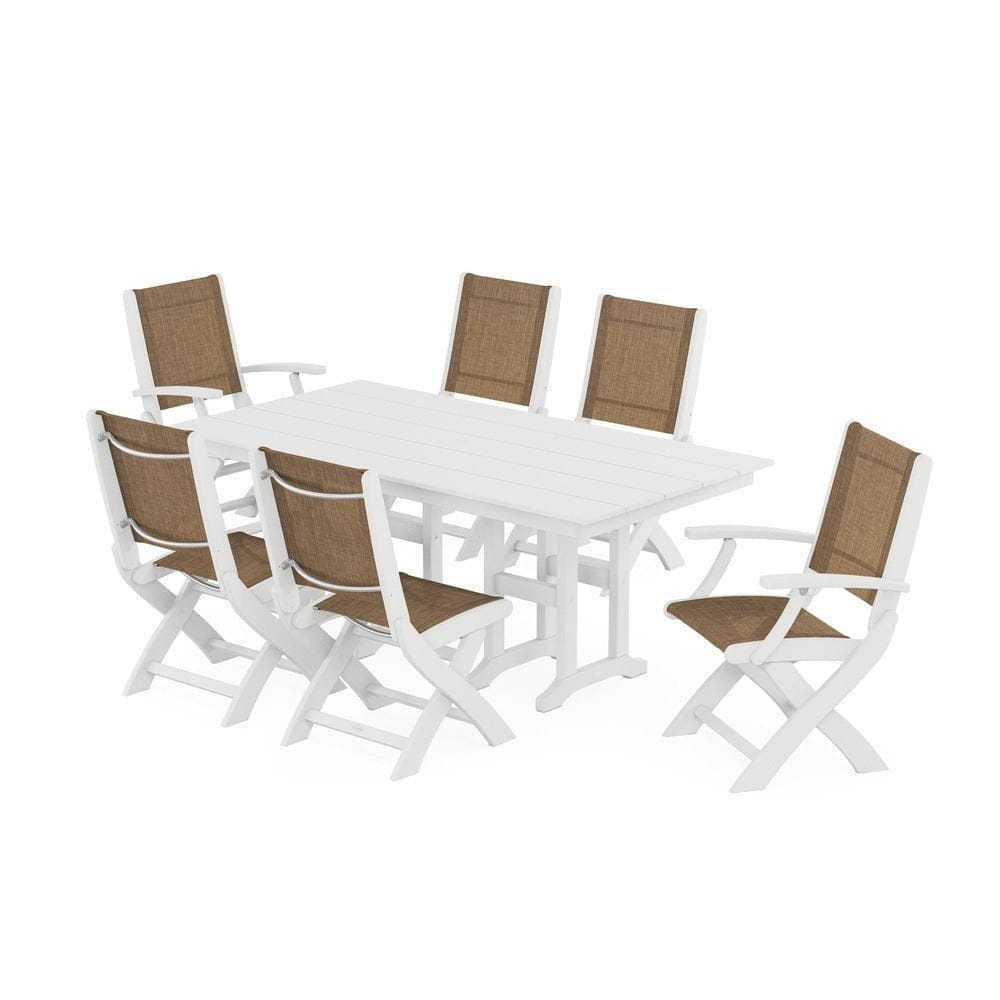 POLYWOOD® Outdoor Furniture White / Burlap Sling POLYWOOD® - Coastal Folding Chair 7-Piece Farmhouse Dining Set - PWS1176