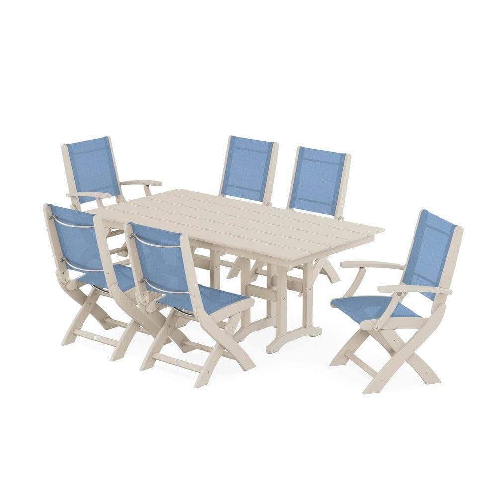 POLYWOOD® Outdoor Furniture Sand / Poolside Sling POLYWOOD® - Coastal Folding Chair 7-Piece Farmhouse Dining Set - PWS1176