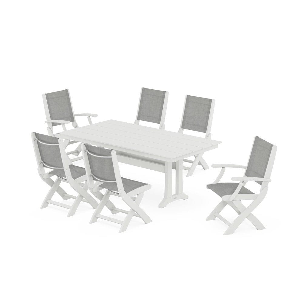 POLYWOOD® - Coastal Folding Chair 7-Piece Farmhouse Dining Set with Trestle Legs - PWS1001
