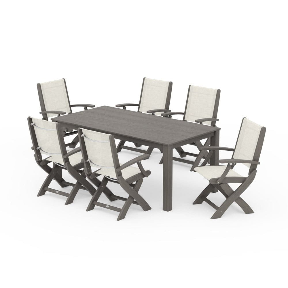 POLYWOOD® Outdoor Furniture Driftwood / Parchment Sling POLYWOOD® - Coastal Folding Chair 7-Piece Parsons Dining Set - PWS2271
