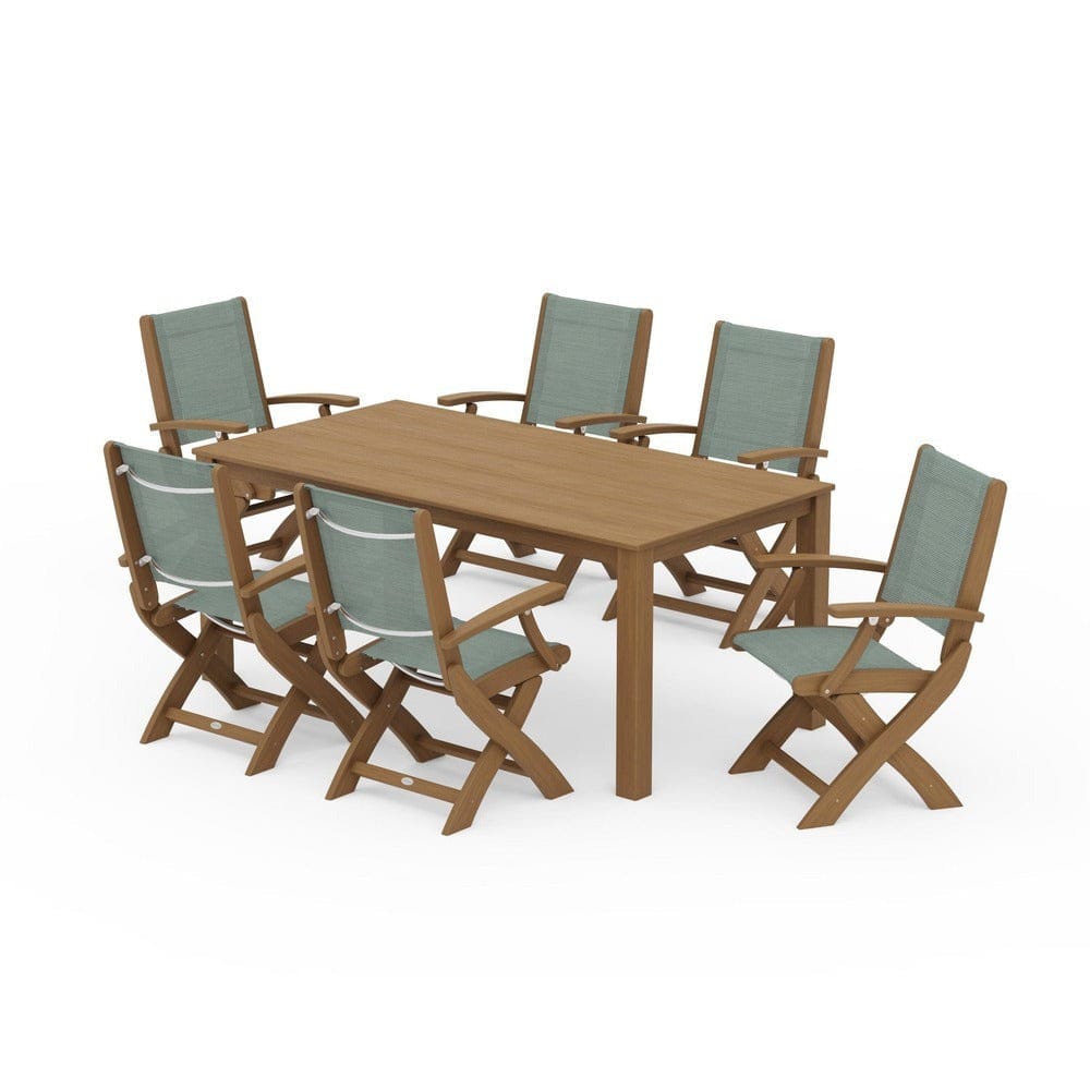 POLYWOOD® Outdoor Furniture Natural / Dupioni Sea Mist Sling POLYWOOD® - Coastal Folding Chair 7-Piece Parsons Dining Set - PWS2271