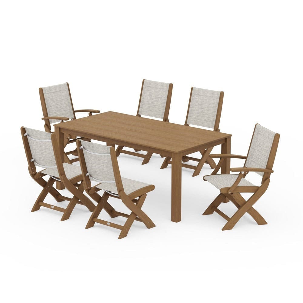 POLYWOOD® Outdoor Furniture Natural / Birch Sling POLYWOOD® - Coastal Folding Chair 7-Piece Parsons Dining Set - PWS2270