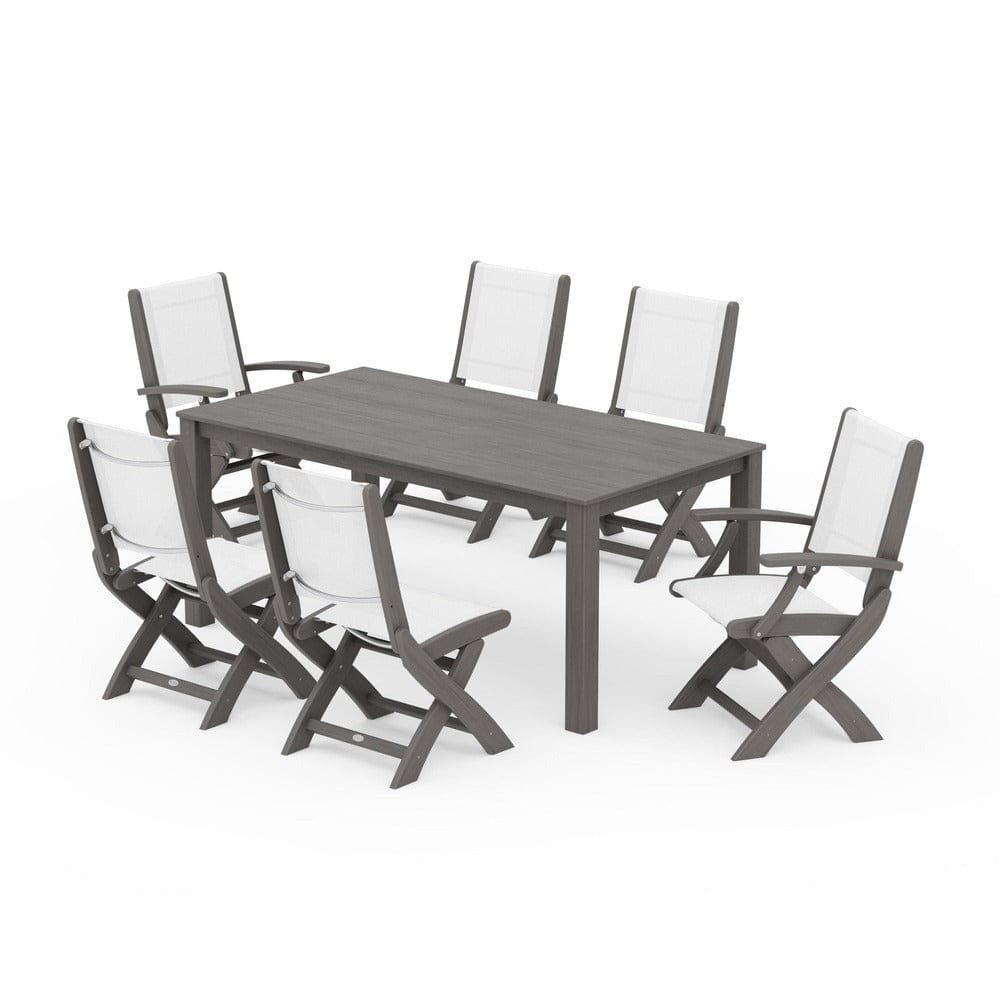 POLYWOOD® Outdoor Furniture Driftwood / White Sling POLYWOOD® - Coastal Folding Chair 7-Piece Parsons Dining Set - PWS2270
