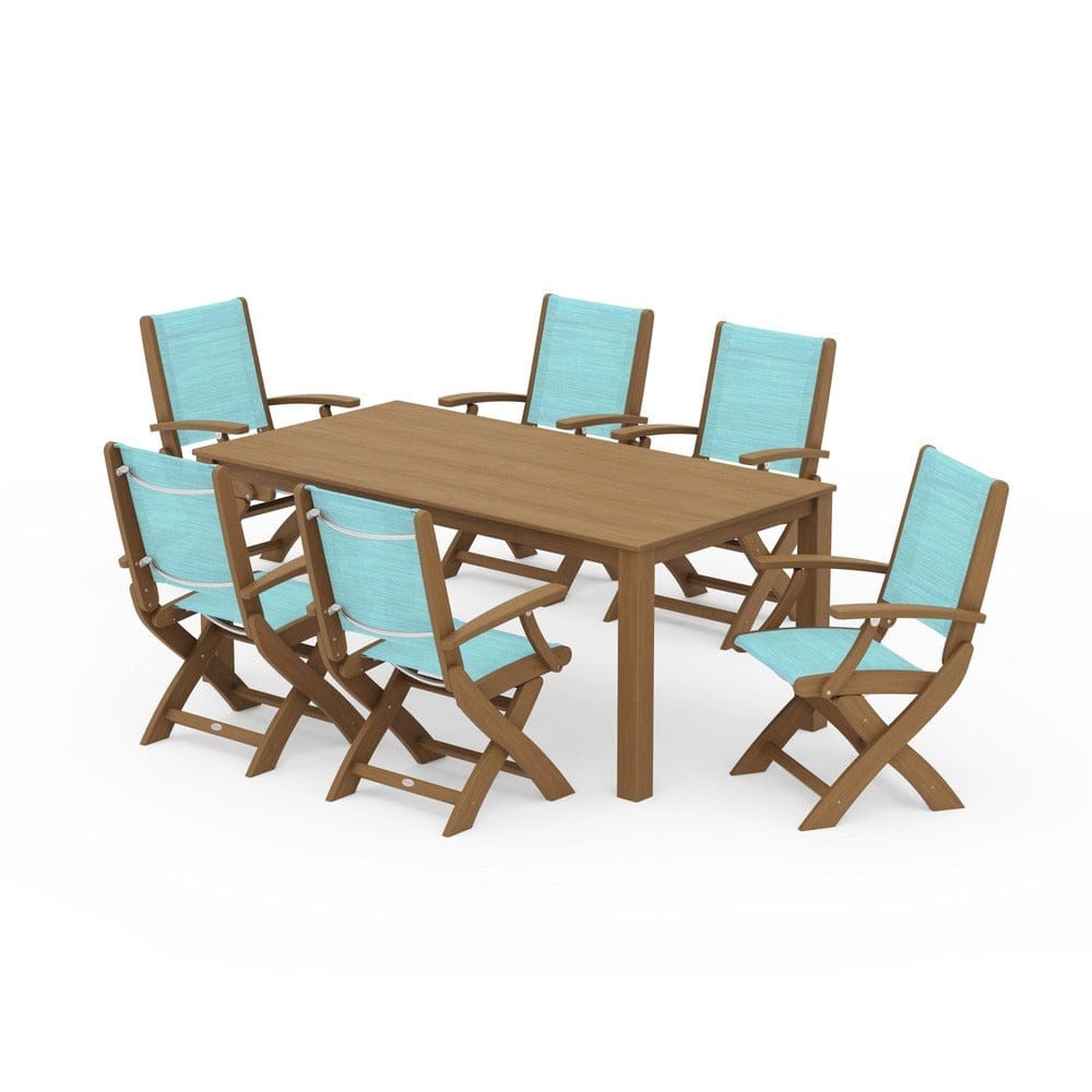 POLYWOOD® Outdoor Furniture Natural / Dupioni Aquamarine Sling POLYWOOD® - Coastal Folding Chair 7-Piece Parsons Dining Set - PWS2271