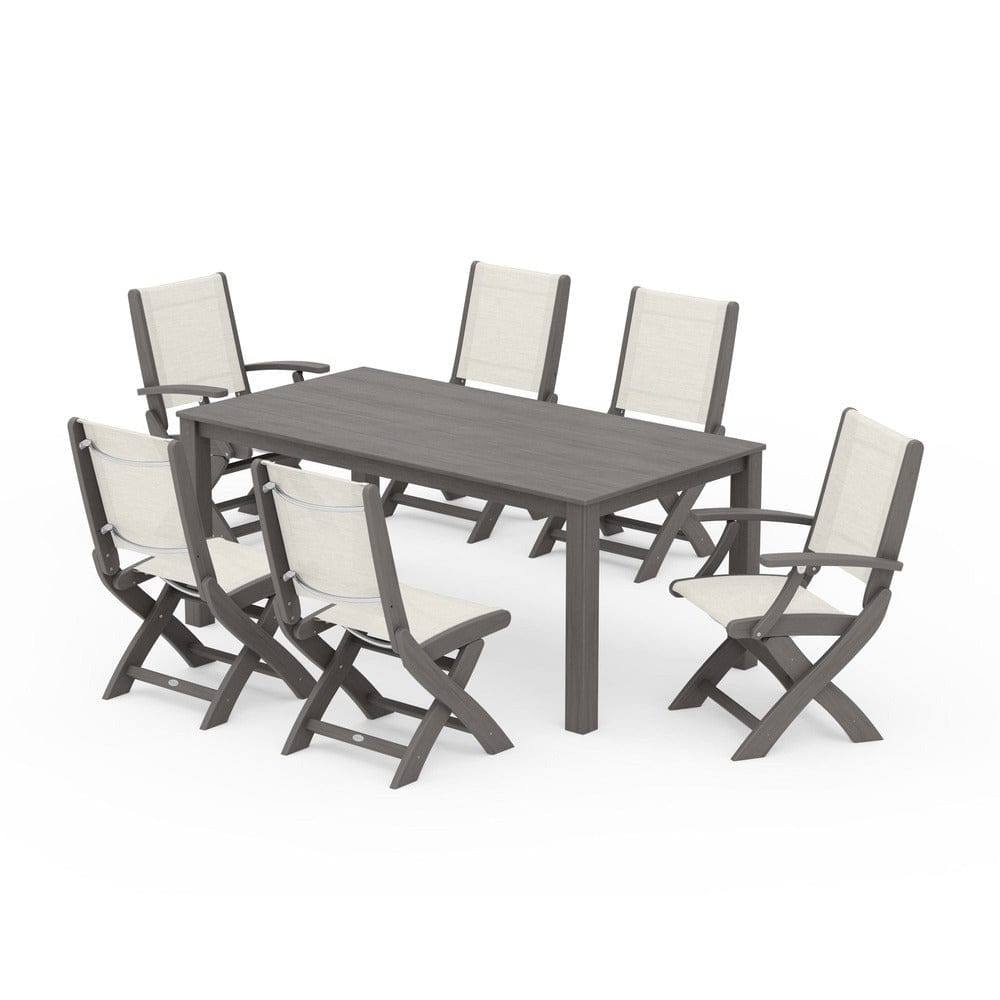 POLYWOOD® Outdoor Furniture Driftwood / Parchment Sling POLYWOOD® - Coastal Folding Chair 7-Piece Parsons Dining Set - PWS2270