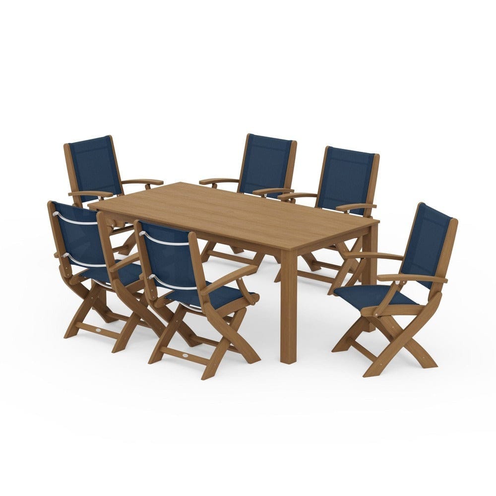POLYWOOD® Outdoor Furniture Natural / Navy Blue Sling POLYWOOD® - Coastal Folding Chair 7-Piece Parsons Dining Set - PWS2271