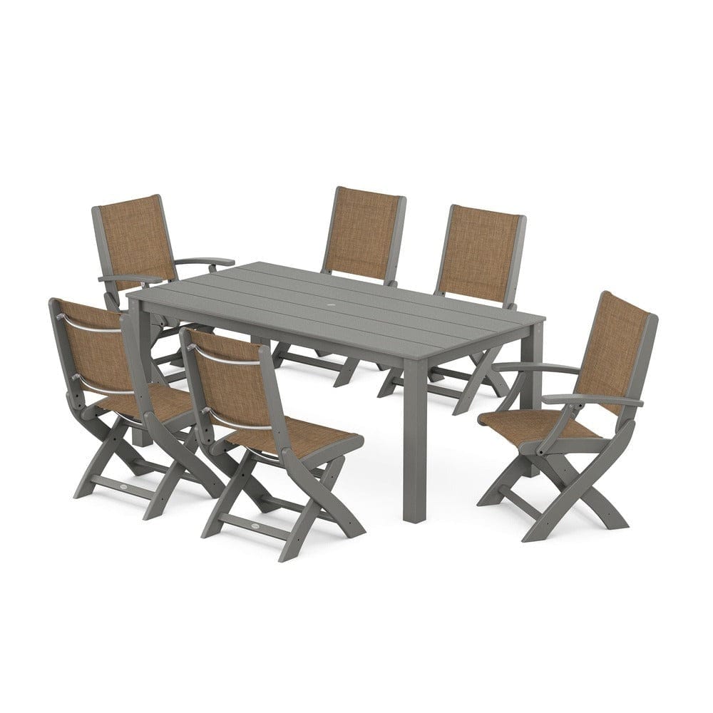 POLYWOOD® Outdoor Furniture Slate Grey / Burlap Sling POLYWOOD® - Coastal Folding Chair 7-Piece Parsons Dining Set - PWS2270