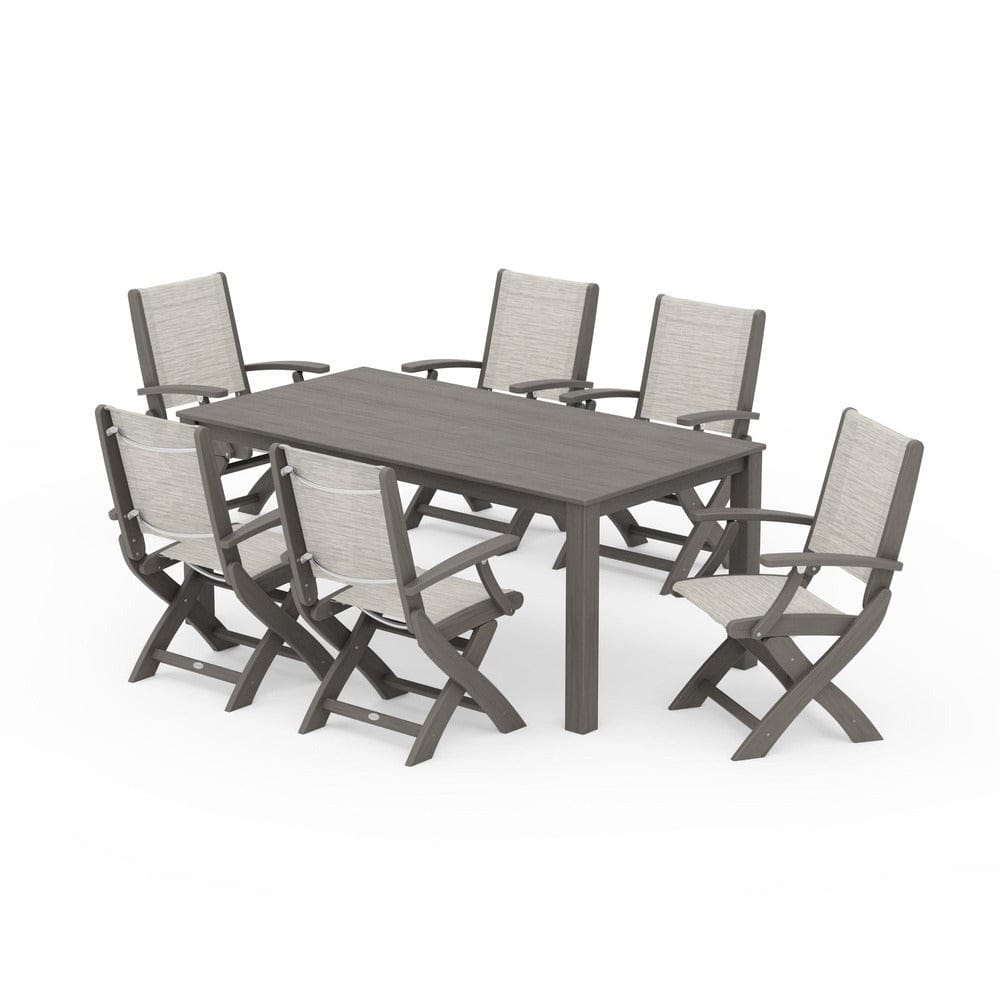 POLYWOOD® Outdoor Furniture Driftwood / Birch Sling POLYWOOD® - Coastal Folding Chair 7-Piece Parsons Dining Set - PWS2271
