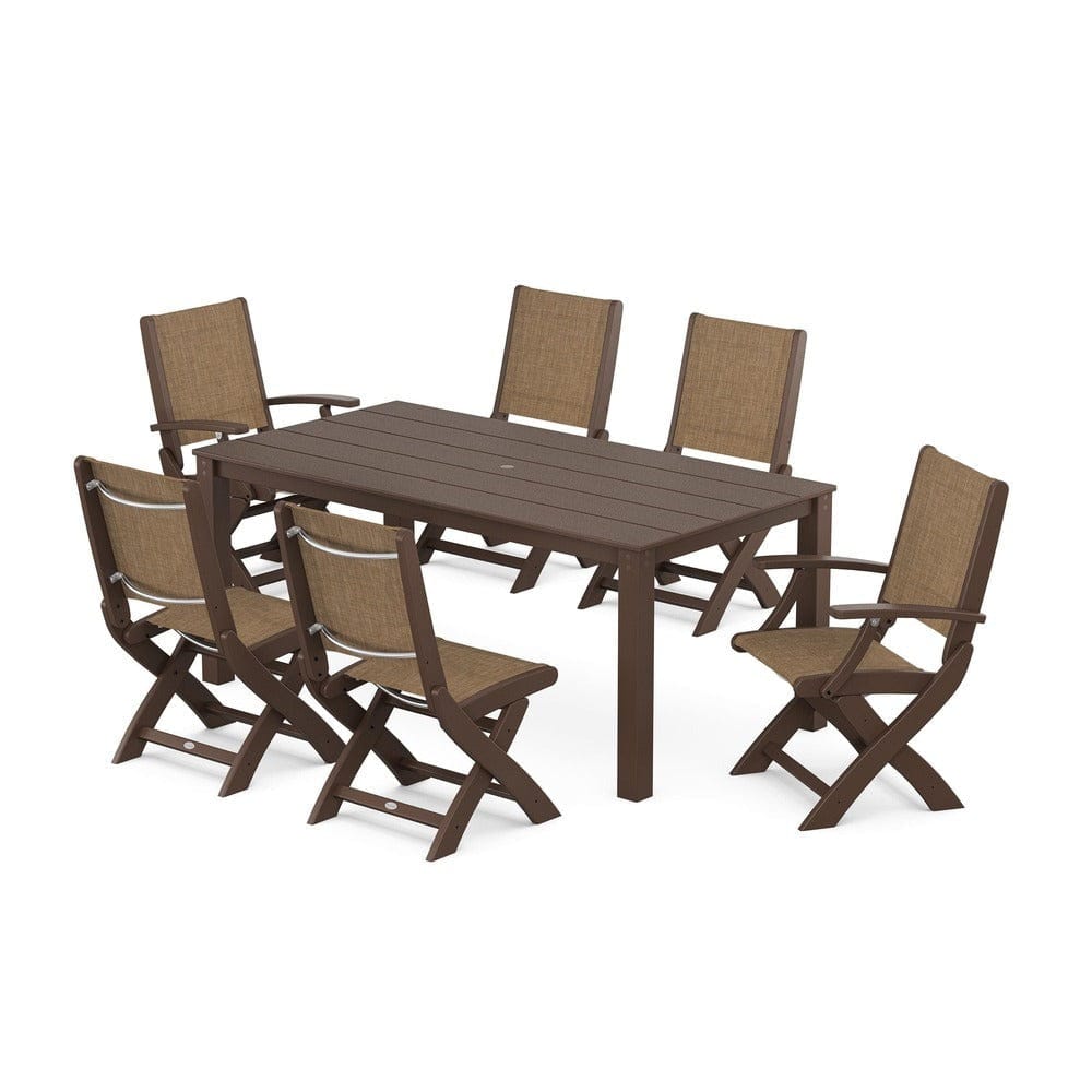 POLYWOOD® Outdoor Furniture Mahogany / Burlap Sling POLYWOOD® - Coastal Folding Chair 7-Piece Parsons Dining Set - PWS2270