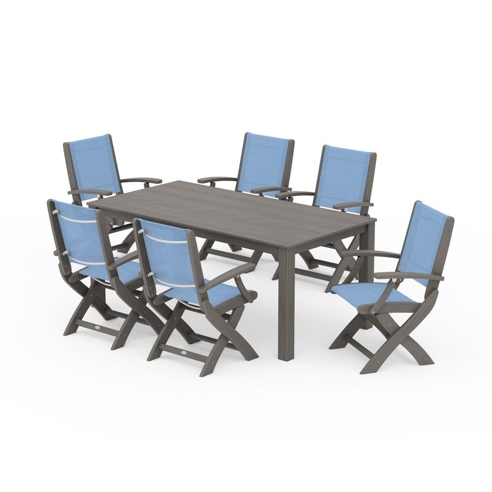 POLYWOOD® Outdoor Furniture Driftwood / Poolside Sling POLYWOOD® - Coastal Folding Chair 7-Piece Parsons Dining Set - PWS2271