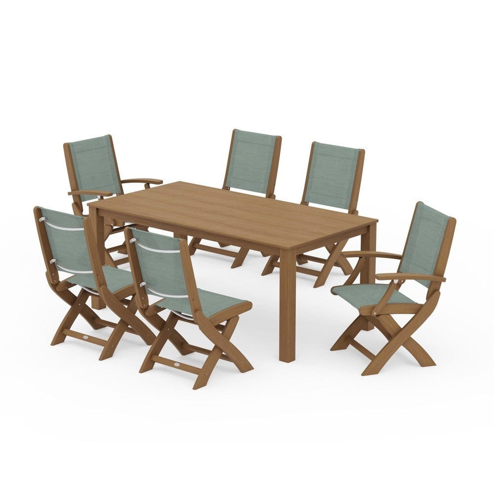 POLYWOOD® Outdoor Furniture Natural / Dupioni Sea Mist Sling POLYWOOD® - Coastal Folding Chair 7-Piece Parsons Dining Set - PWS2270