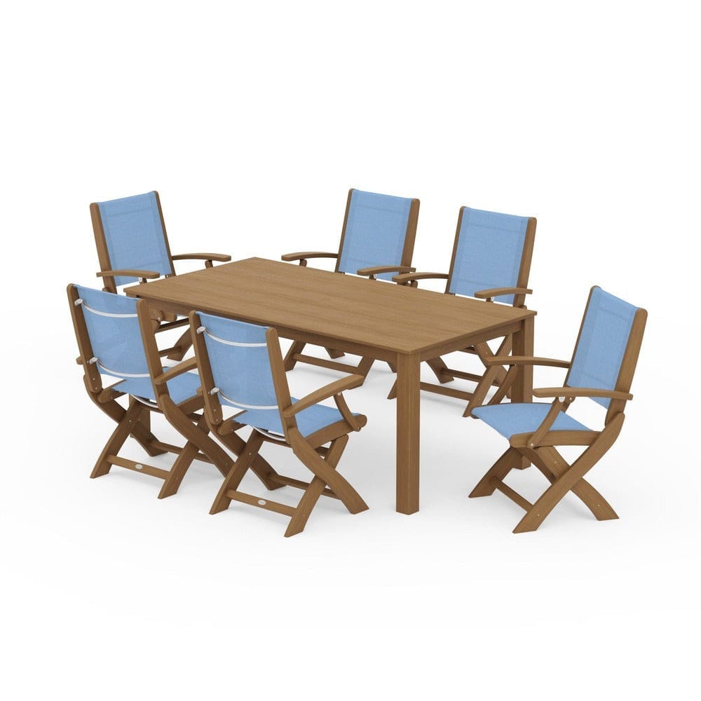 POLYWOOD® Outdoor Furniture Natural / Poolside Sling POLYWOOD® - Coastal Folding Chair 7-Piece Parsons Dining Set - PWS2271