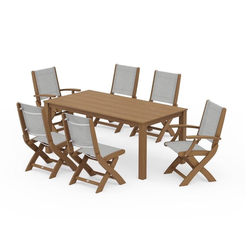 POLYWOOD® Outdoor Furniture Natural / Metallic Sling POLYWOOD® - Coastal Folding Chair 7-Piece Parsons Dining Set - PWS2270