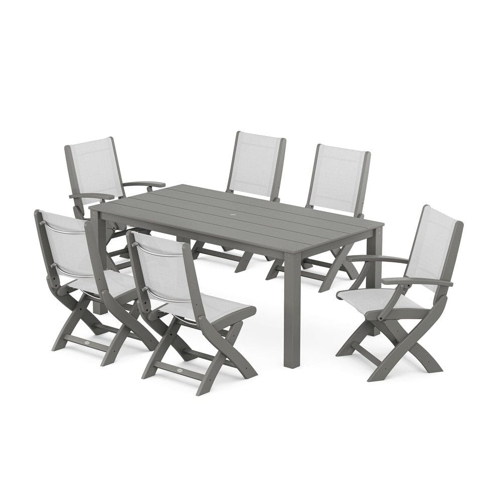 POLYWOOD® Outdoor Furniture Slate Grey / White Sling POLYWOOD® - Coastal Folding Chair 7-Piece Parsons Dining Set - PWS2270