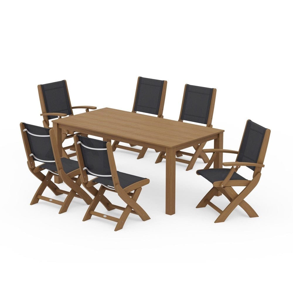 POLYWOOD® Outdoor Furniture Natural / Black Sling POLYWOOD® - Coastal Folding Chair 7-Piece Parsons Dining Set - PWS2270