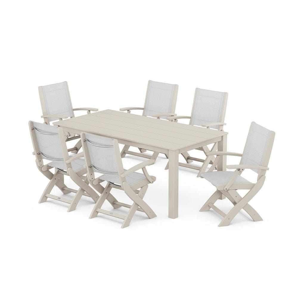 POLYWOOD® Outdoor Furniture Sand / White Sling POLYWOOD® - Coastal Folding Chair 7-Piece Parsons Dining Set - PWS2271