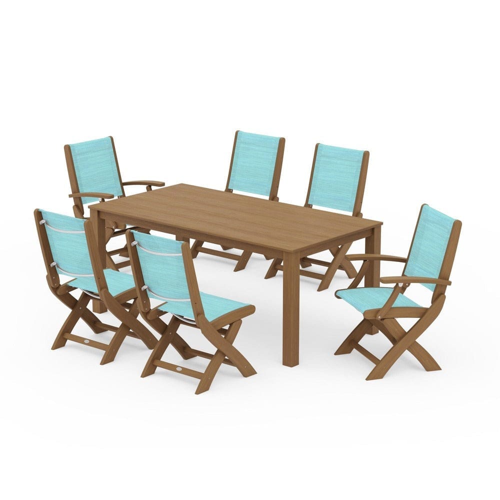 POLYWOOD® Outdoor Furniture Natural / Dupioni Aquamarine Sling POLYWOOD® - Coastal Folding Chair 7-Piece Parsons Dining Set - PWS2270